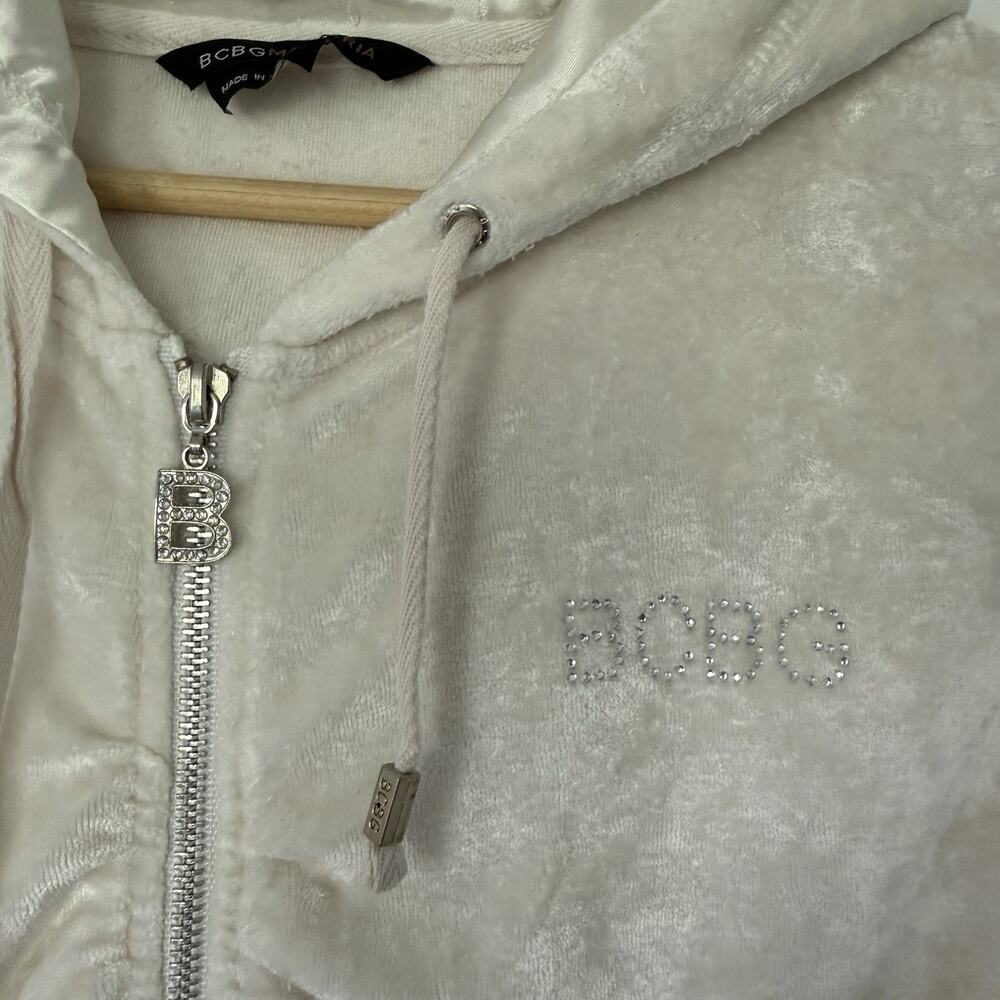 Y2K BCBG Velour Ivory Short Sleeve Rhinestone Bedazzled Hoodie L Trashy Bling - Picture 3 of 12
